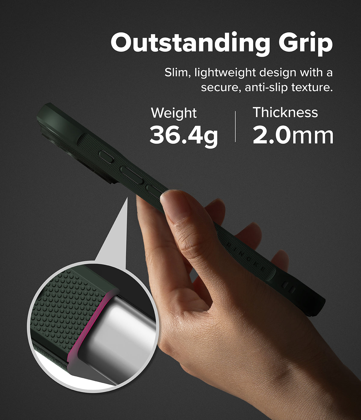 iPhone 18 Pro Case | Onyx Magnetic - A hand holds a dark green phone case against a dark gray background, with text highlighting its outstanding grip, slim lightweight design, 42.4g weight, and 2.