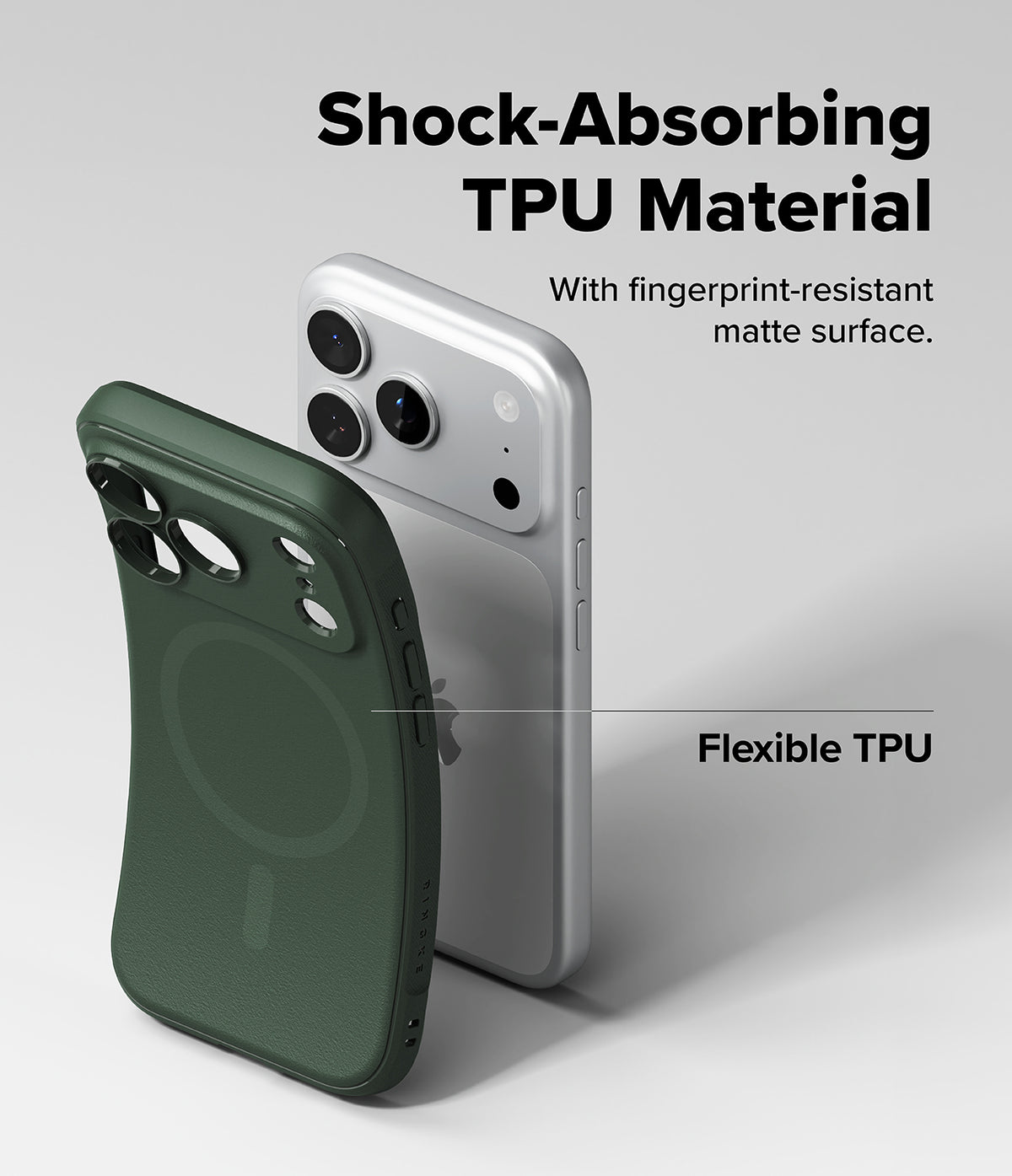 iPhone 18 Pro Case | Onyx Magnetic - Dark green phone case shown in front of a silver smartphone on a light gray background, with marketing text reading 'Shock-Absorbing TPU Material' and 'Flexible TPU'.