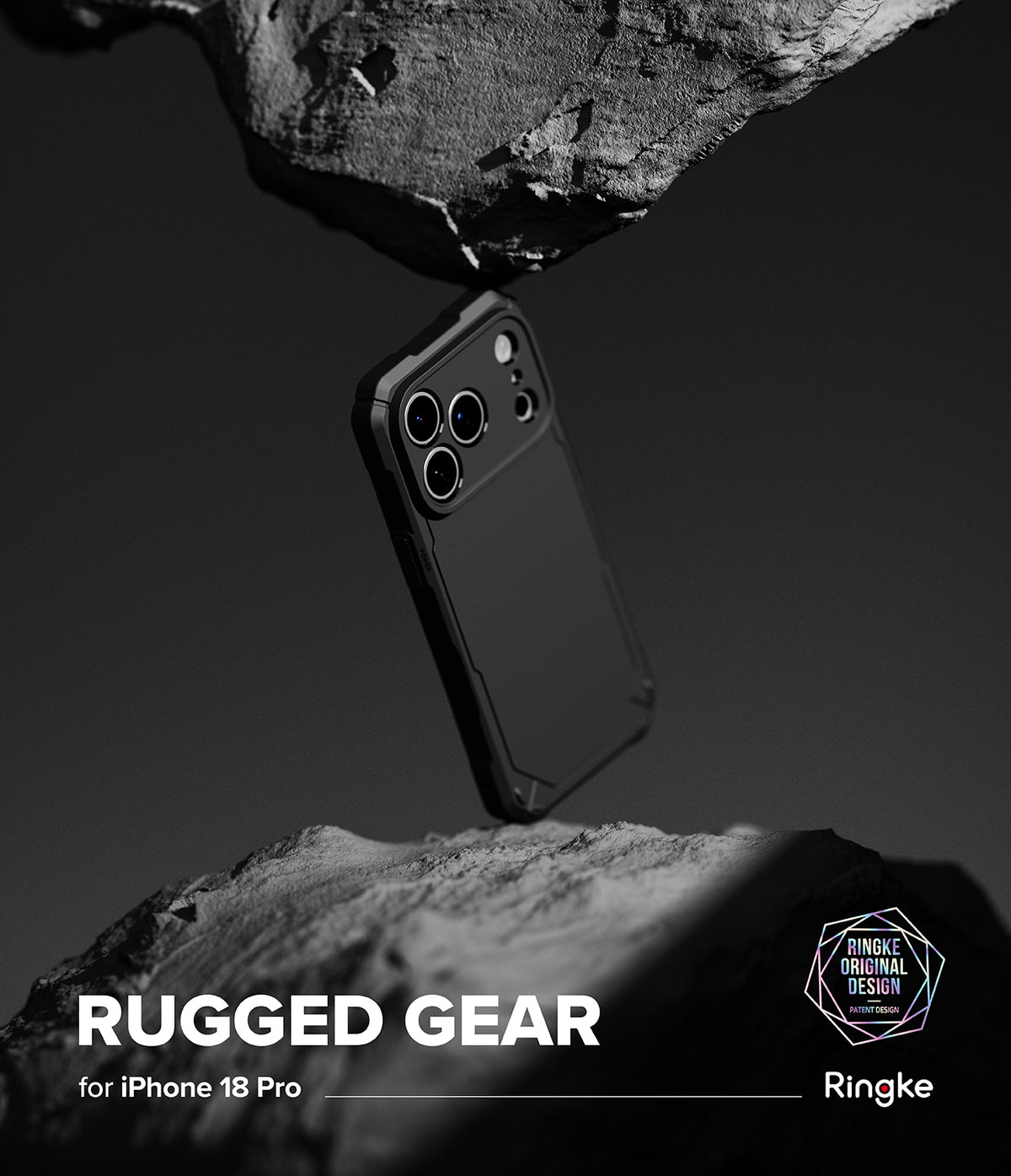 iPhone 18 Pro Case | Rugged Gear - A black and white promotional shot of a Ringke Rugged Gear phone case with a dark camouflage pattern, shown floating between two rocks. Text at the bottom reads 'RUGGED GEAR for iPhone 16 Pro Max' with the Ringke logo.