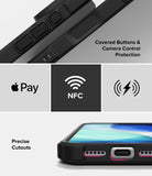 iPhone 18 Pro Case | Rugged Gear - A rugged black phone case shown in a multi-panel infographic highlighting its features: covered buttons and camera control protection, compatibility with Apple Pay and NFC, and precise cutouts for the charging port and speaker.