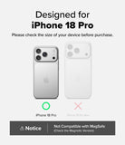 iPhone 18 Pro Case | Rugged Gear - Compatibility graphic for a phone case designed for the iPhone 18 Pro, showing a silver phone case fitted on a gray iPhone 18 Pro with a green circle marker and a white phone case fitted on a gray iPhone 18 Pro Max with a pink X. Text advises checking device size before purchase, and a notice at the bottom says it is not compatible with MagSafe.