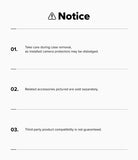 iPhone 18 Pro Case | Rugged Gear - A white notice card with black text and a warning icon at the top, listing three important reminders about case removal, sold accessories, and third-party compatibility.