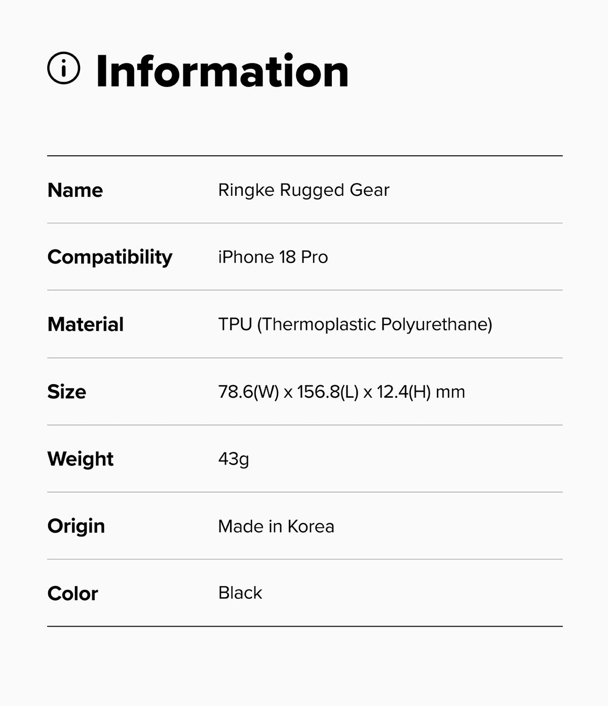 iPhone 18 Pro Case | Rugged Gear - A product information card with a light gray background and black text listing details for a Ringke Rugged Gear accessory compatible with the iPhone 18 Pro, made of TPU, in black.