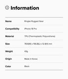 iPhone 18 Pro Case | Rugged Gear - A product information card with a light gray background and black text listing details for a Ringke Rugged Gear accessory compatible with the iPhone 18 Pro, made of TPU, in black.