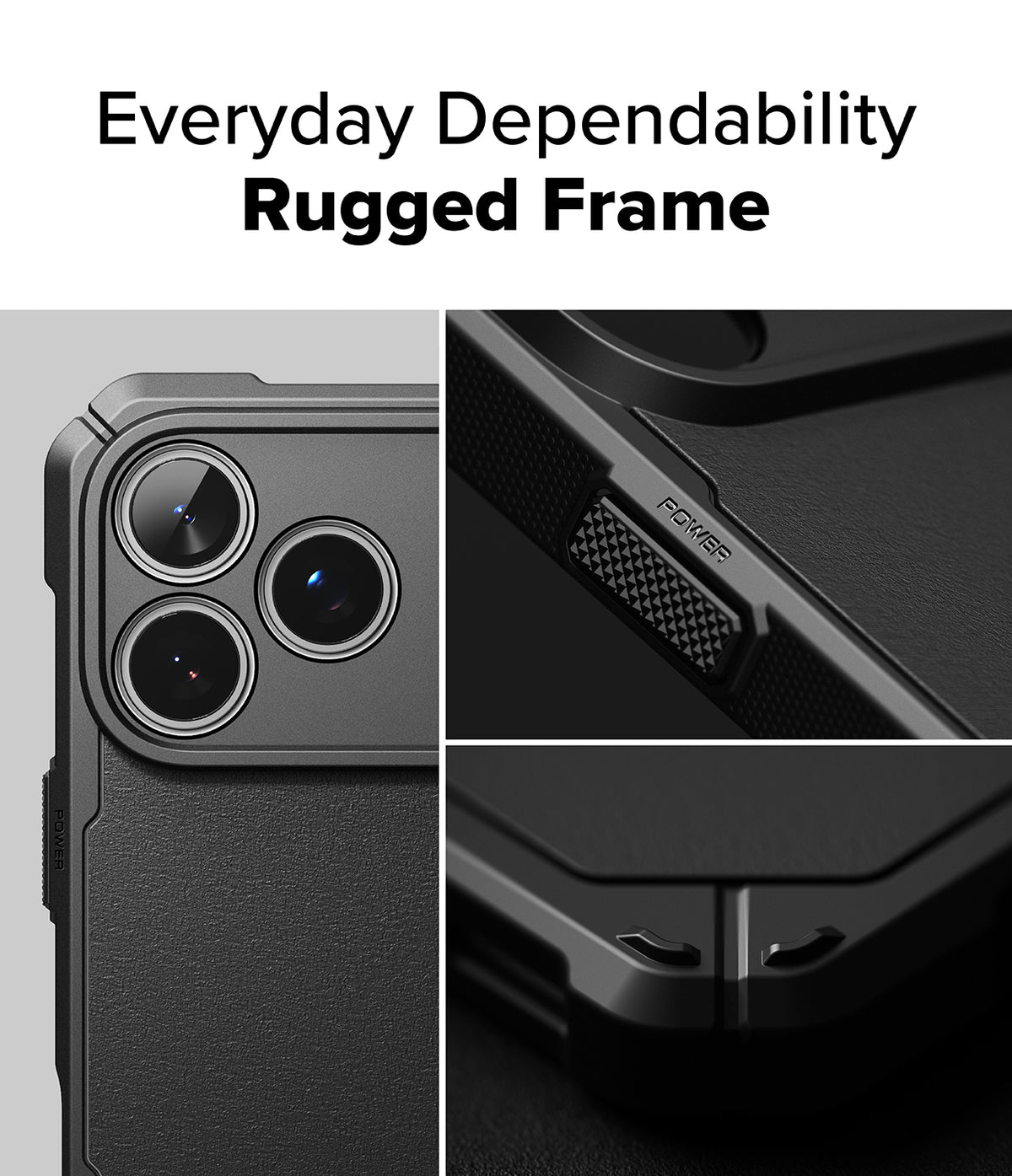 iPhone 18 Pro Case | Rugged Gear - Phone case with 'Everyday Dependability Rugged Frame' text, showing phone back and side views.