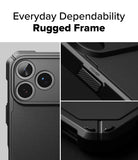 iPhone 18 Pro Case | Rugged Gear - Phone case with 'Everyday Dependability Rugged Frame' text, showing phone back and side views.