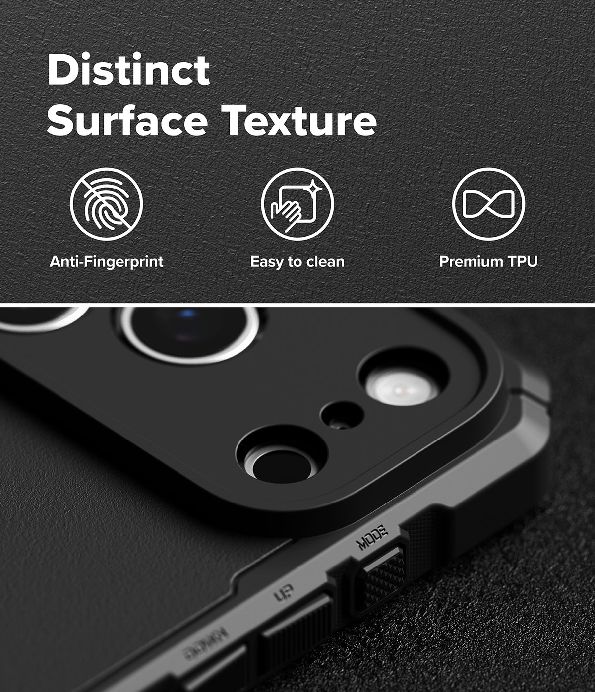 iPhone 18 Pro Case | Rugged Gear - Black rugged phone case with a raised camera bezel and textured finish, shown close-up on a dark background with feature callouts: anti-fingerprint, easy to clean, and premium TPU.