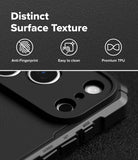 iPhone 18 Pro Case | Rugged Gear - Black rugged phone case with a raised camera bezel and textured finish, shown close-up on a dark background with feature callouts: anti-fingerprint, easy to clean, and premium TPU.