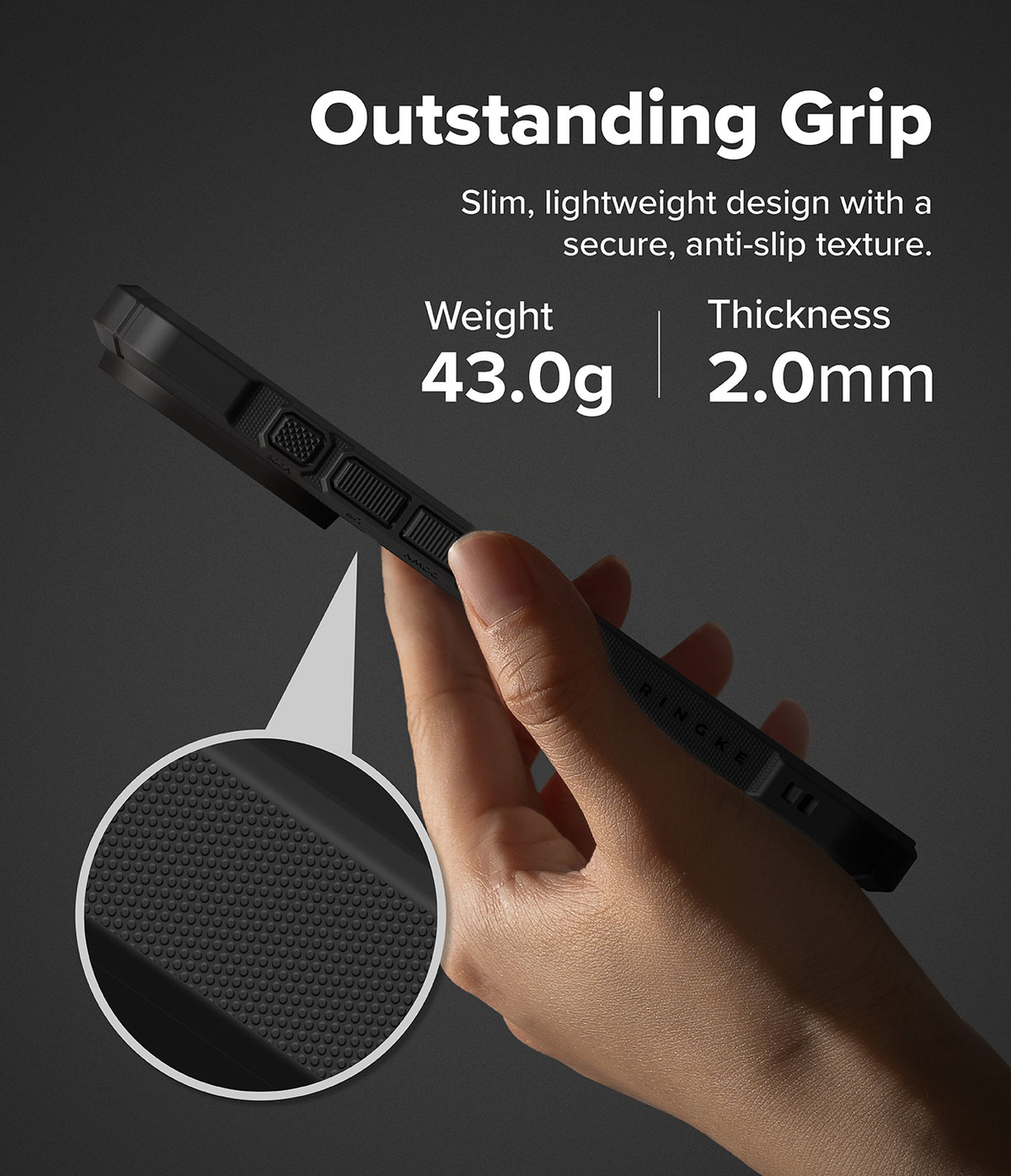 iPhone 18 Pro Case | Rugged Gear - A hand holds a slim black protective phone case against a dark gray background, with text reading 'Outstanding Grip' and details about weight 49.9g and thickness 2.
