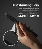 iPhone 18 Pro Case | Rugged Gear - A hand holds a slim black protective phone case against a dark gray background, with text reading 'Outstanding Grip' and details about weight 49.9g and thickness 2.