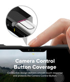 iPhone 18 Pro Case | Rugged Gear - Close-up of a finger pressing the camera control button on the top edge of a smartphone case, with a circular inset showing the button coverage detail and marketing text about touch response and protection.