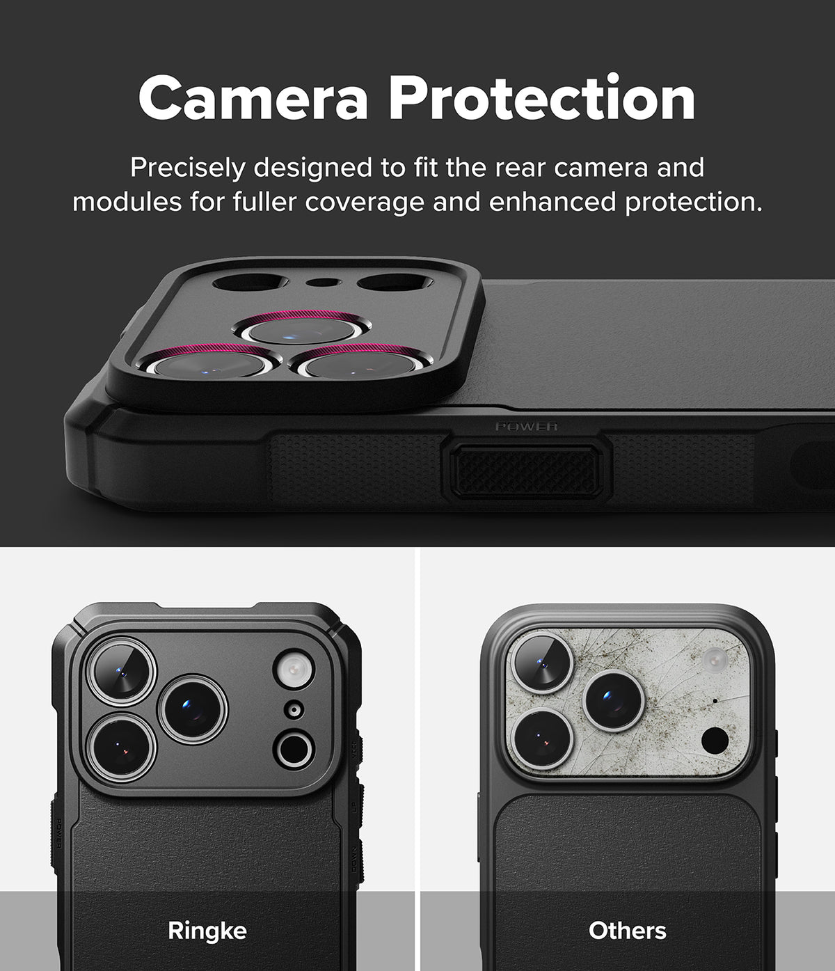 iPhone 18 Pro Case | Rugged Gear - A promotional graphic for a phone camera protection case. The top section shows a black camera protection module fitted onto a phone back, with text reading 'Camera Protection' and a subtitle about precise fit and enhanced protection.