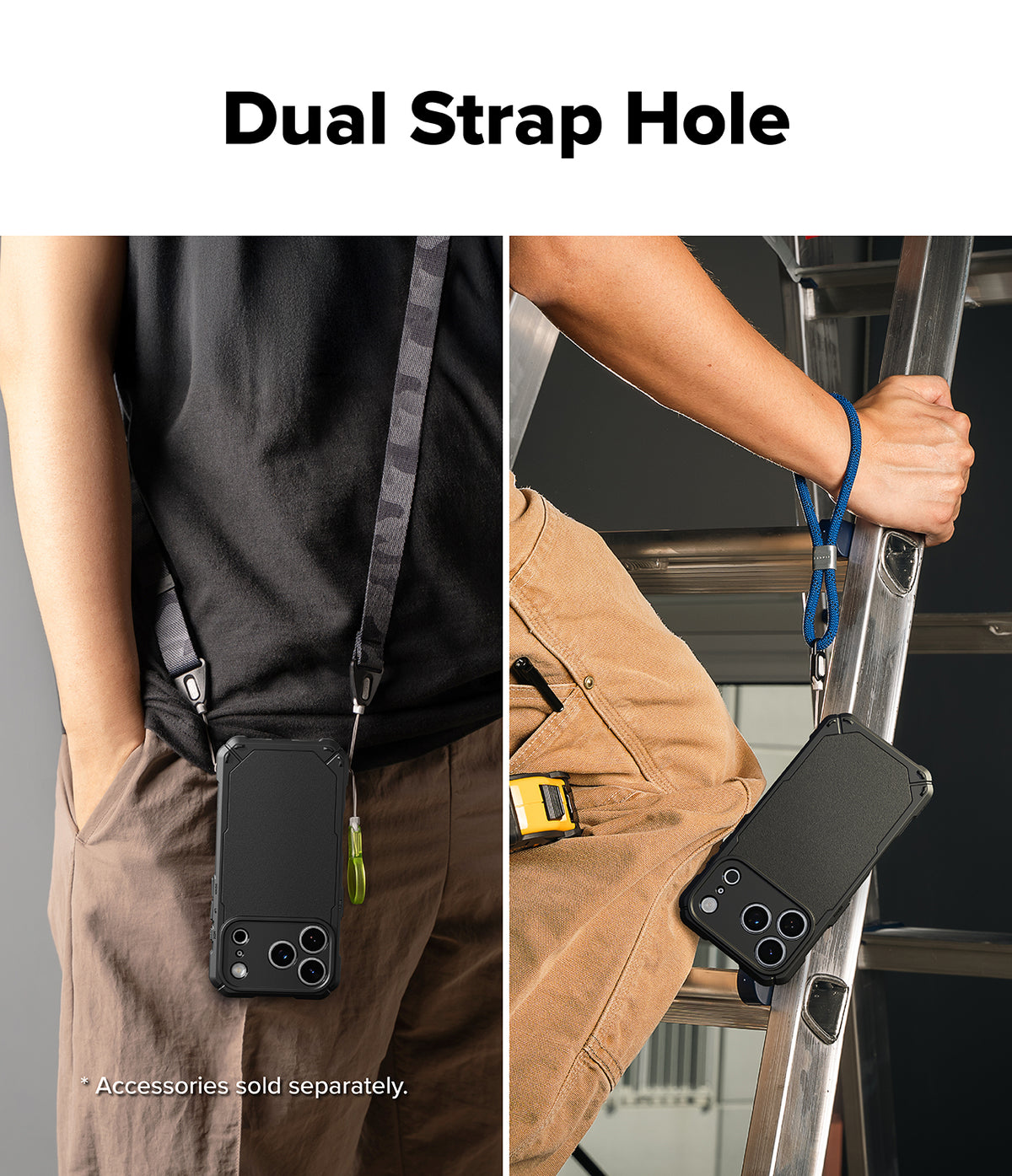 iPhone 18 Pro Case | Rugged Gear - A phone case with a dual strap system shown in two lifestyle usage scenarios: worn around the waist with a black shirt and brown pants, and hanging from a metal ladder with a blue lanyard. The image includes the text 'Dual Strap Hole' at the top and a disclaimer at the bottom left stating 'Accessories sold separately.