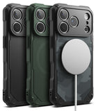 iPhone 18 Pro Case | Rugged Gear Magnetic - Three rugged smartphone cases shown from the back in black, dark green, and gray camouflage, with a white MagSafe-style magnetic ring attached to the right case.