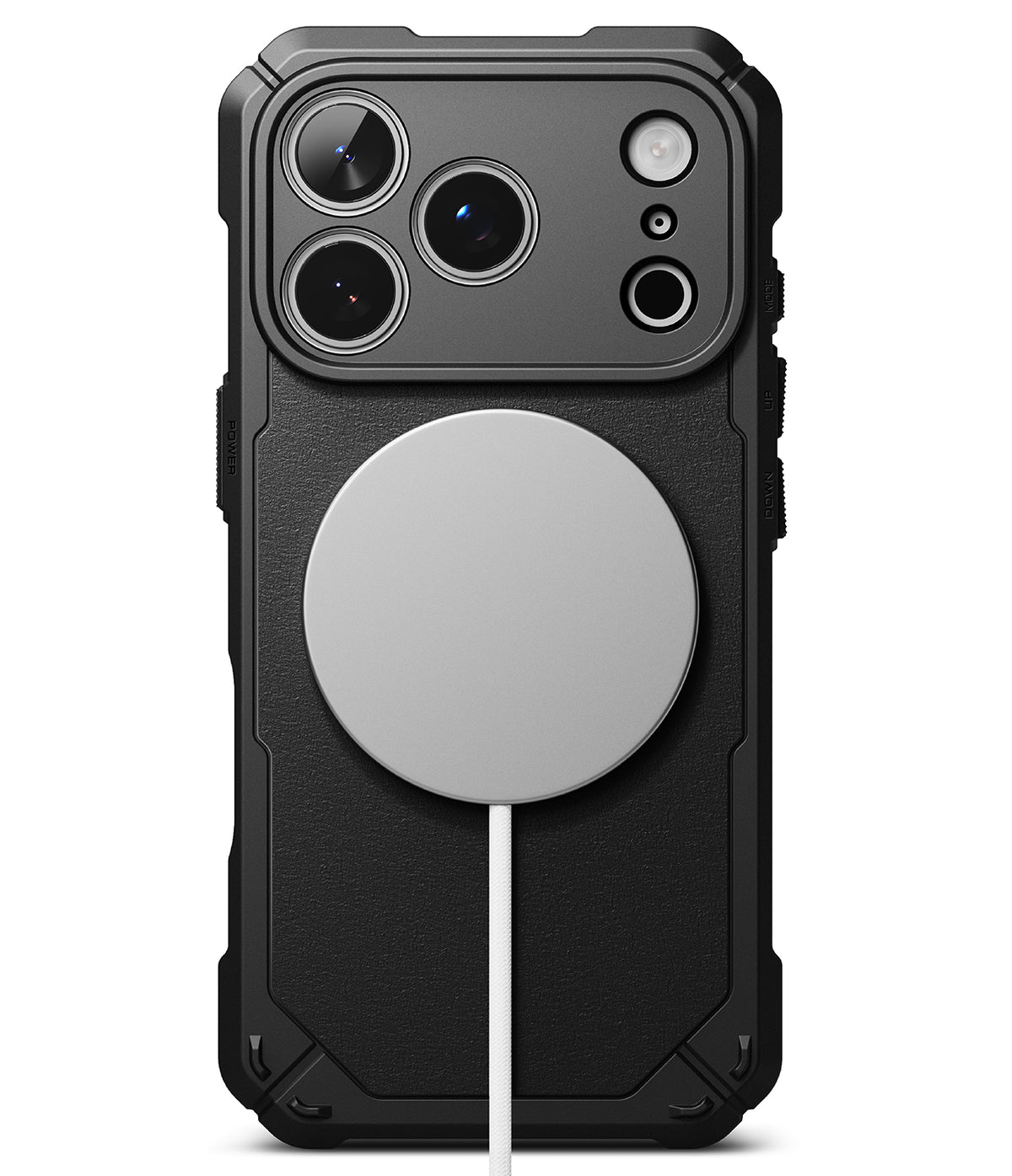 iPhone 18 Pro Case | Rugged Gear Magnetic - A rugged black protective phone case with a large circular MagSafe-compatible magnetic ring on the back, shown on a white background.