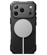 iPhone 18 Pro Case | Rugged Gear Magnetic - A rugged black protective phone case with a large circular MagSafe-compatible magnetic ring on the back, shown on a white background.