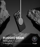 iPhone 18 Pro Case | Rugged Gear Magnetic - A black rugged phone case with a circular magnetic ring is shown floating between dark rock formations. Text at the bottom reads 'RUGGED GEAR MAGNETIC for iPhone 18 Pro' with the Ringke logo, and a white vertical line extends from the magnetic ring.