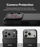 iPhone 18 Pro Case | Rugged Gear Magnetic - A promotional graphic for a phone camera protection case. The top section shows a black camera protection module fitted onto a phone back, with text reading 'Camera Protection' and a subtitle about precise fit and enhanced protection.