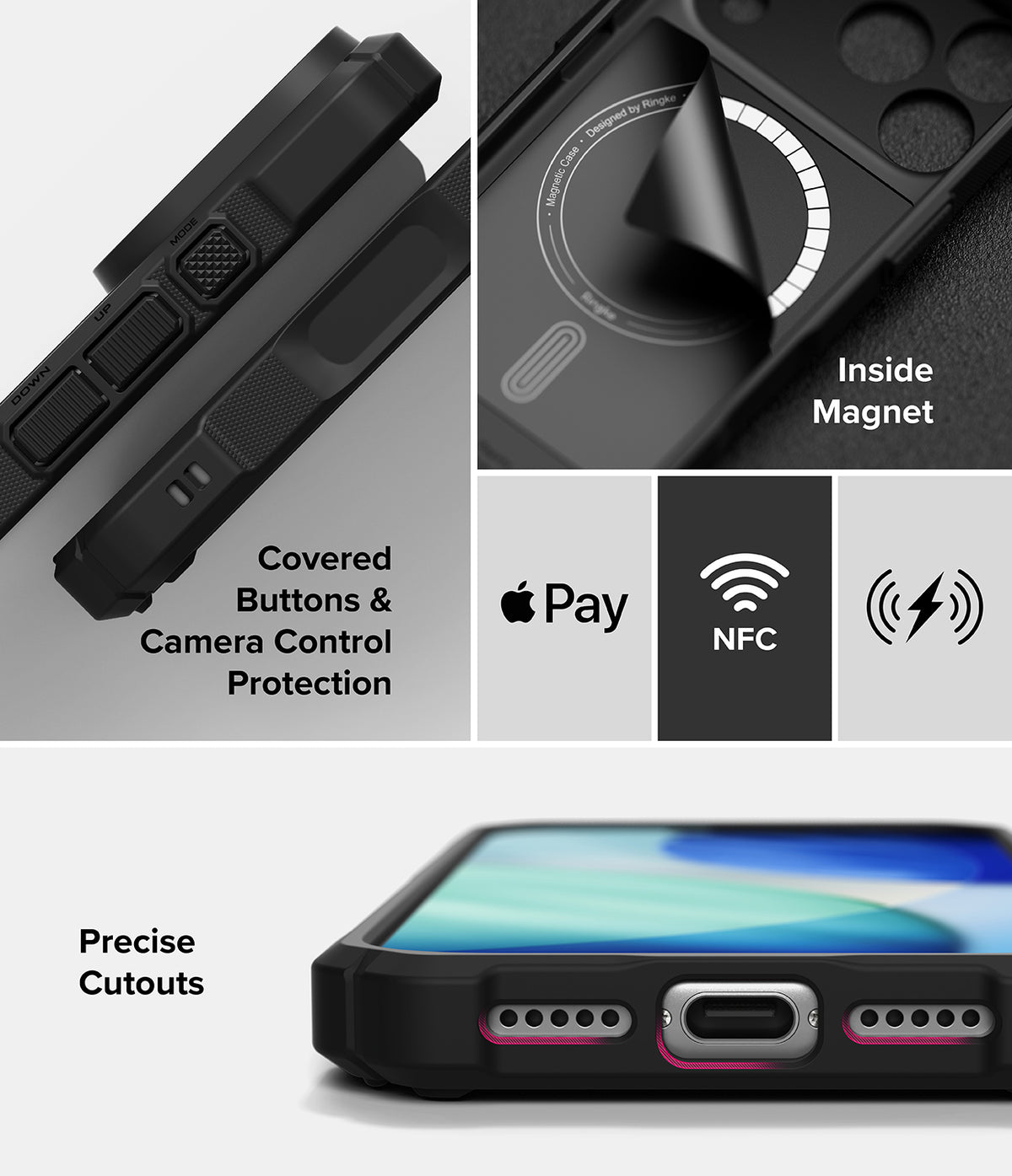 iPhone 18 Pro Case | Rugged Gear Magnetic - Black protective phone case shown in a multi-panel feature graphic. The collage includes close-ups of the side buttons, an inside magnet feature, Apple Pay and NFC compatibility icons, and the bottom showing precise cutouts around the charging port and speaker openings.