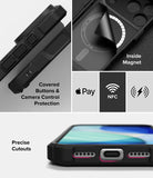 iPhone 18 Pro Case | Rugged Gear Magnetic - Black protective phone case shown in a multi-panel feature graphic. The collage includes close-ups of the side buttons, an inside magnet feature, Apple Pay and NFC compatibility icons, and the bottom showing precise cutouts around the charging port and speaker openings.