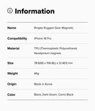 iPhone 18 Pro Case | Rugged Gear Magnetic - An information card with a light gray background and black text listing product details for a Ringke Rugged Gear Magnetic item, including compatibility with iPhone 18 Pro, material, size, weight, origin, and color options.