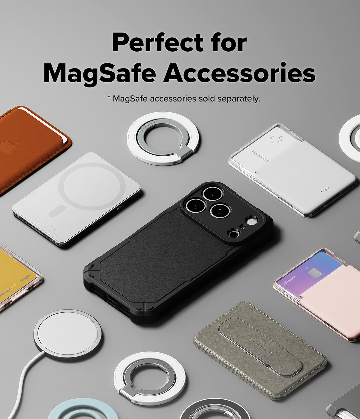 iPhone 18 Pro Case | Rugged Gear Magnetic - Collection of phone cases and accessories on a gray surface with text about MagSafe compatibility.