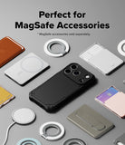 iPhone 18 Pro Case | Rugged Gear Magnetic - Collection of phone cases and accessories on a gray surface with text about MagSafe compatibility.