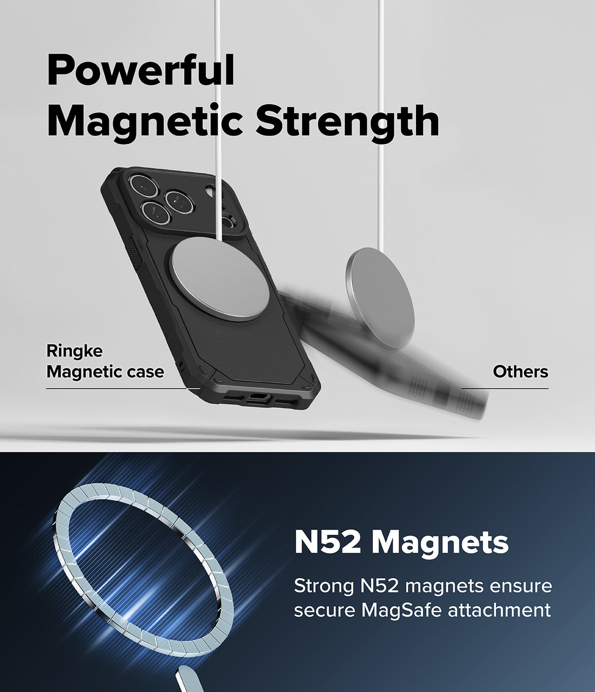 iPhone 18 Pro Case | Rugged Gear Magnetic - Promotional graphic for a black magnetic phone case with a large circular MagSafe ring. The top half shows the case hanging against a light gray background with text reading 'Powerful Magnetic Strength' and 'Ringke case Magnetic case' versus generic 'Others.