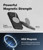 iPhone 18 Pro Case | Rugged Gear Magnetic - Promotional graphic for a black magnetic phone case with a large circular MagSafe ring. The top half shows the case hanging against a light gray background with text reading 'Powerful Magnetic Strength' and 'Ringke case Magnetic case' versus generic 'Others.