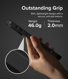 iPhone 18 Pro Case | Rugged Gear Magnetic - A hand holds a slim black protective phone case against a dark gray background, with marketing text reading 'Outstanding Grip' and a circular inset showing the textured grip detail. The text also lists weight as 52.