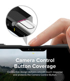 iPhone 18 Pro Case | Rugged Gear Magnetic - Close-up of a finger touching the top edge of a smartphone case, with a circular inset showing camera button coverage and text reading 'Camera Control Button Coverage' on a white background.