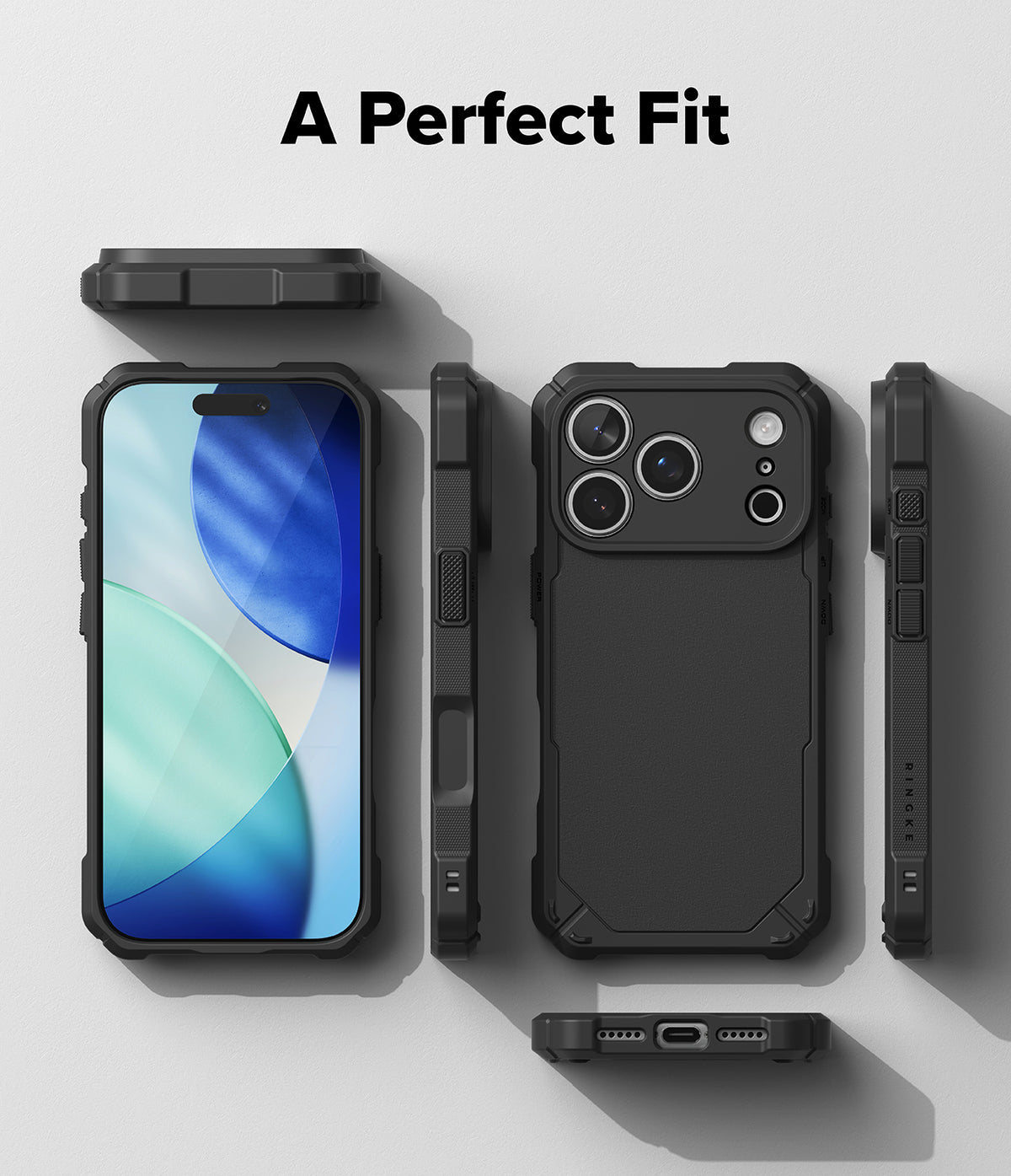 iPhone 18 Pro Case | Rugged Gear Magnetic - A black rugged phone case shown from multiple angles on a light gray background, with the text 'A Perfect Fit' at the top. The views include the front with a smartphone inserted, the back, side profiles, and a bottom view showing the charging port opening.