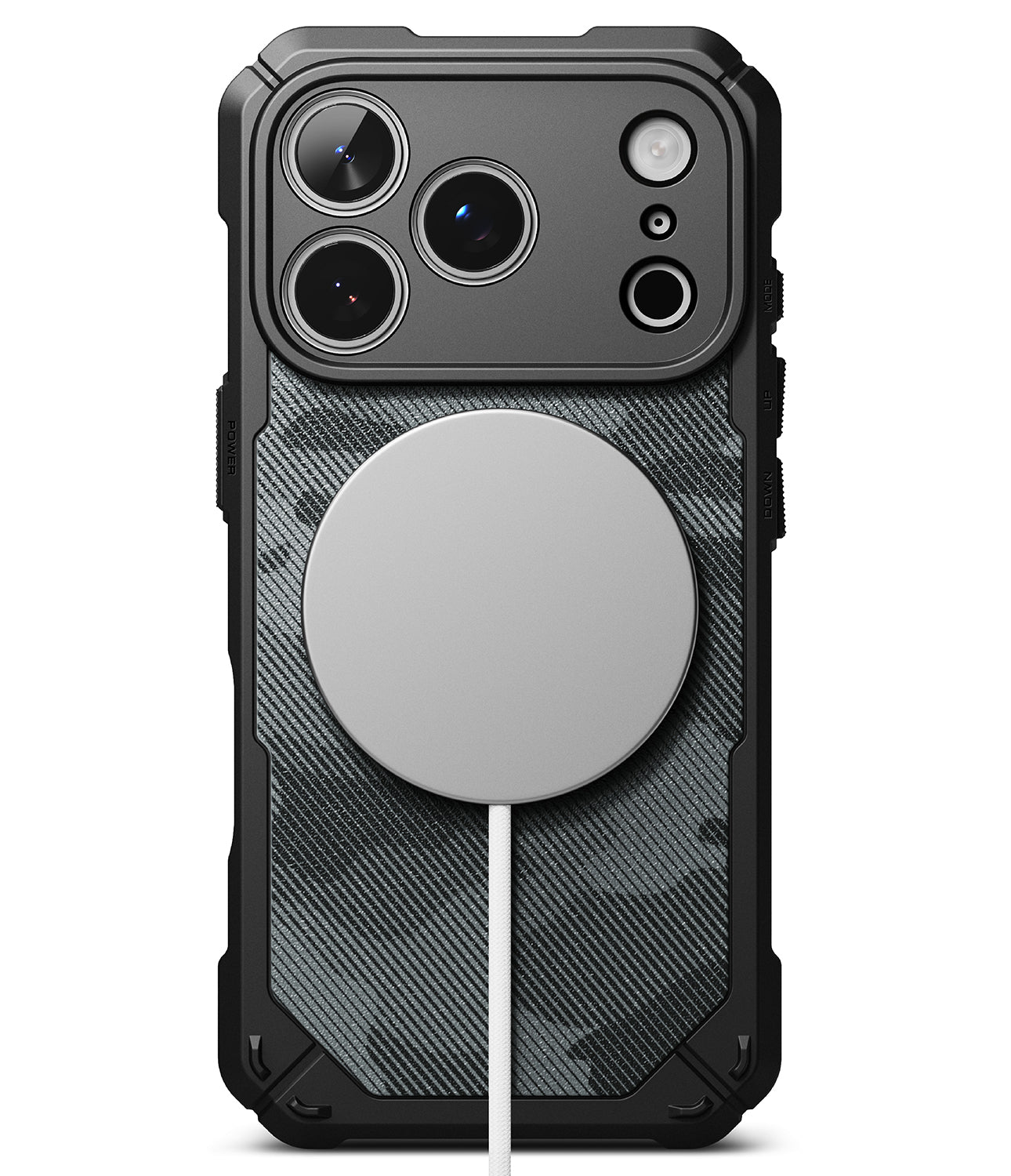 iPhone 18 Pro Case | Rugged Gear Magnetic - A rugged black phone case with a dark gray carbon-fiber-style pattern and a large circular MagSafe-compatible magnetic ring on the back, shown on a white background.