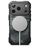 iPhone 18 Pro Case | Rugged Gear Magnetic - A rugged black phone case with a dark gray carbon-fiber-style pattern and a large circular MagSafe-compatible magnetic ring on the back, shown on a white background.