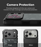 iPhone 18 Pro Case | Rugged Gear Magnetic - Promotional graphic for a phone camera protection case. The top section shows a black camera protection module fitted onto a phone case, with text reading 'Camera Protection' and a description of precise rear camera fitment.