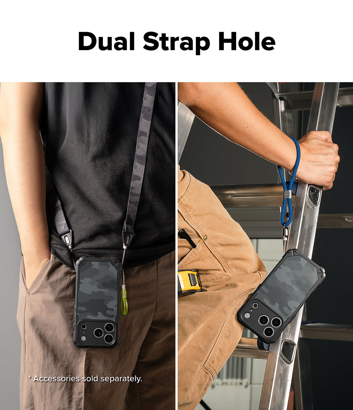iPhone 18 Pro Case | Rugged Gear Magnetic - A phone case with a dark camouflage pattern is shown being worn and held by a person, demonstrating a dual strap design. The left panel shows the case hanging from a shoulder strap, and the right panel shows a hand holding a ladder while wearing a blue lanyard attached to the case.