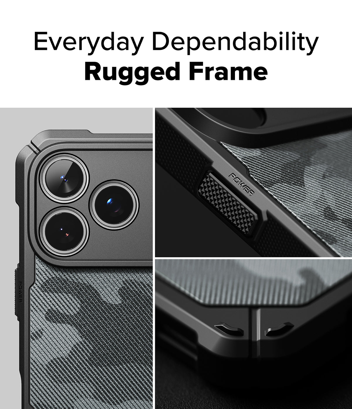 iPhone 18 Pro Case | Rugged Gear Magnetic - A dark gray and black rugged phone case with a subtle gray camouflage pattern, shown in a three-panel collage highlighting its camera cutout, corner bumpers, and textured backplate. The top of the image features the text 'Everyday Dependability Rugged Frame'.