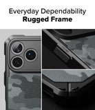 iPhone 18 Pro Case | Rugged Gear Magnetic - A dark gray and black rugged phone case with a subtle gray camouflage pattern, shown in a three-panel collage highlighting its camera cutout, corner bumpers, and textured backplate. The top of the image features the text 'Everyday Dependability Rugged Frame'.