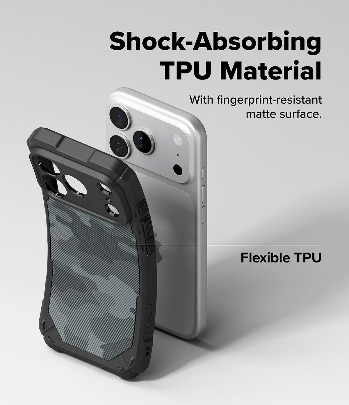 iPhone 18 Pro Case | Rugged Gear Magnetic - A black and gray camouflage phone case shown in front of a silver smartphone on a light gray background, with marketing text reading 'Shock-Absorbing TPU Material' and 'Flexible TPU'.