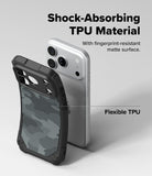 iPhone 18 Pro Case | Rugged Gear Magnetic - A black and gray camouflage phone case shown in front of a silver smartphone on a light gray background, with marketing text reading 'Shock-Absorbing TPU Material' and 'Flexible TPU'.