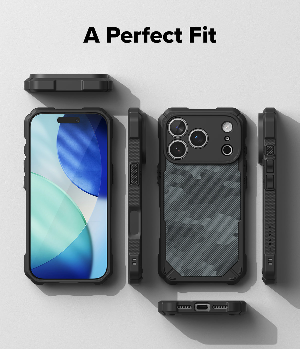 iPhone 18 Pro Case | Rugged Gear Magnetic - A phone case set shown from multiple angles on a light gray background with the text 'A Perfect Fit' at the top. The case is black with a dark gray camouflage pattern on the back, shown fitted on a smartphone from the front, side, and back views.