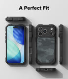 iPhone 18 Pro Case | Rugged Gear Magnetic - A phone case set shown from multiple angles on a light gray background with the text 'A Perfect Fit' at the top. The case is black with a dark gray camouflage pattern on the back, shown fitted on a smartphone from the front, side, and back views.