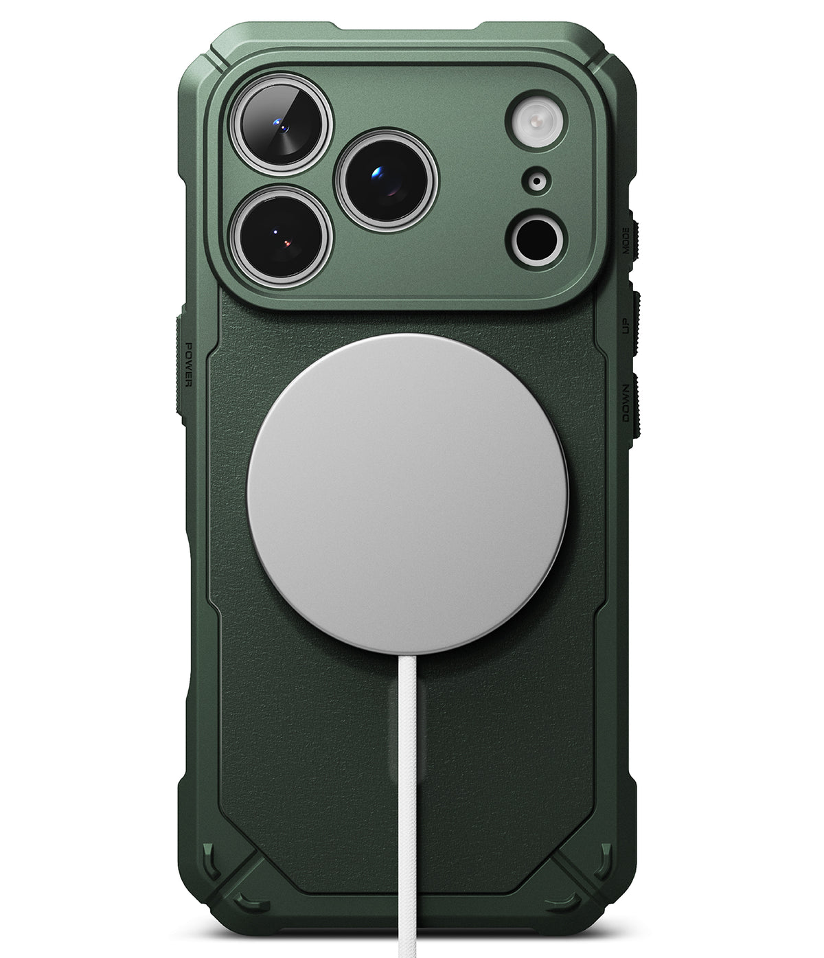 iPhone 18 Pro Case | Rugged Gear Magnetic - A dark green rugged protective phone case with a large silver MagSafe-compatible circular magnetic ring on the back, shown on a white background.