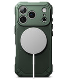 iPhone 18 Pro Case | Rugged Gear Magnetic - A dark green rugged protective phone case with a large silver MagSafe-compatible circular magnetic ring on the back, shown on a white background.