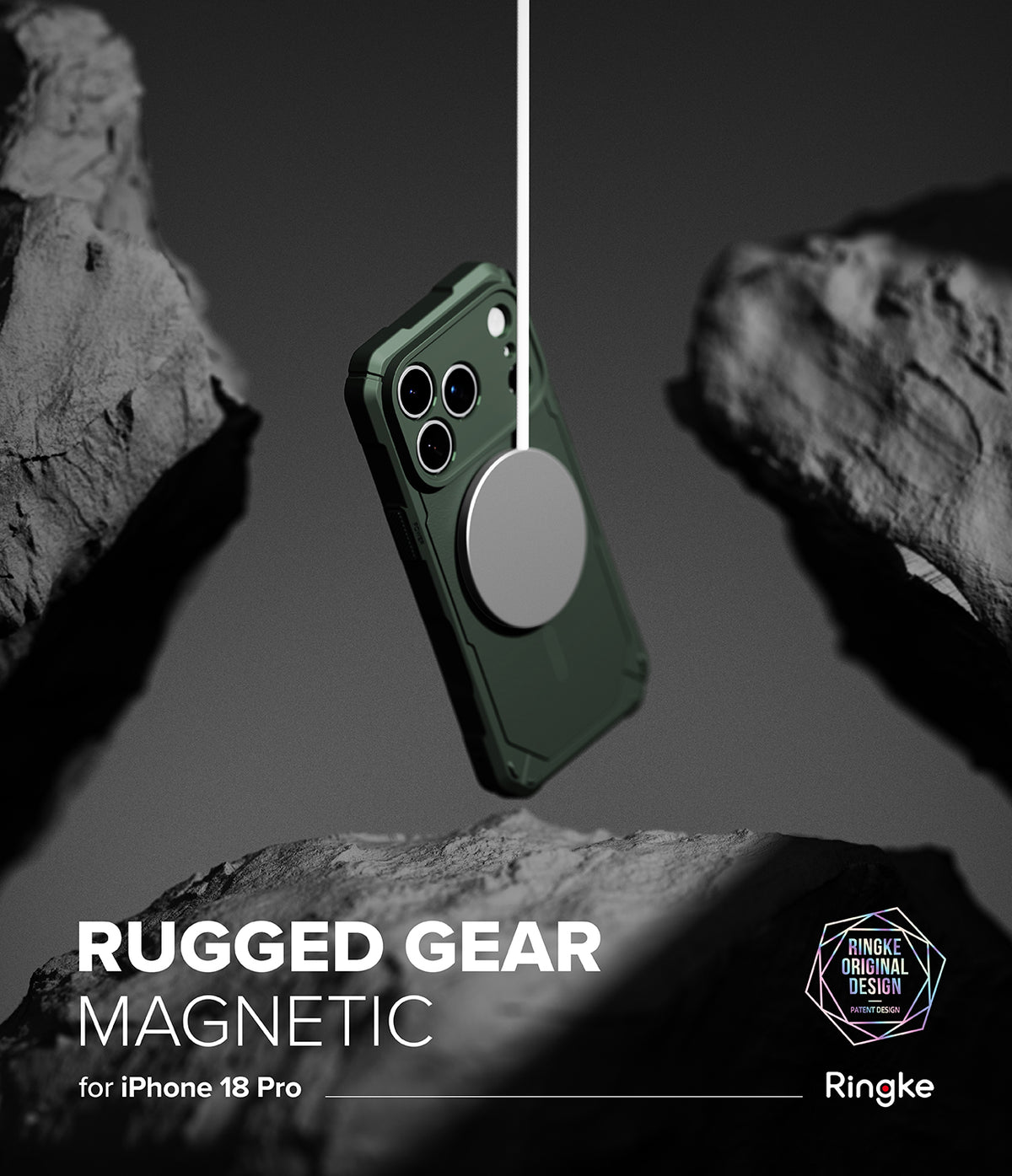 iPhone 18 Pro Case | Rugged Gear Magnetic - A dark green rugged phone case with a circular magnetic ring, shown floating between rocky cliffs in a dramatic black-and-white scene. Text at the bottom reads 'RUGGED GEAR MAGNETIC for iPhone 18 Pro' with the Ringke logo.