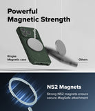 iPhone 18 Pro Case | Rugged Gear Magnetic - Promotional graphic for a dark green magnetic phone case with a silver MagSafe ring, showing the case and a separate MagSafe magnet with text reading 'Powerful Magnetic Strength' and 'N52 Magnets'.