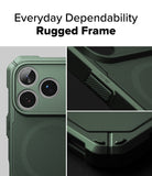 iPhone 18 Pro Case | Rugged Gear Magnetic - A dark green rugged phone case with a textured finish and reinforced camera cutout, shown in a three-panel collage with the text 'Everyday Dependability Rugged Frame' at the top.