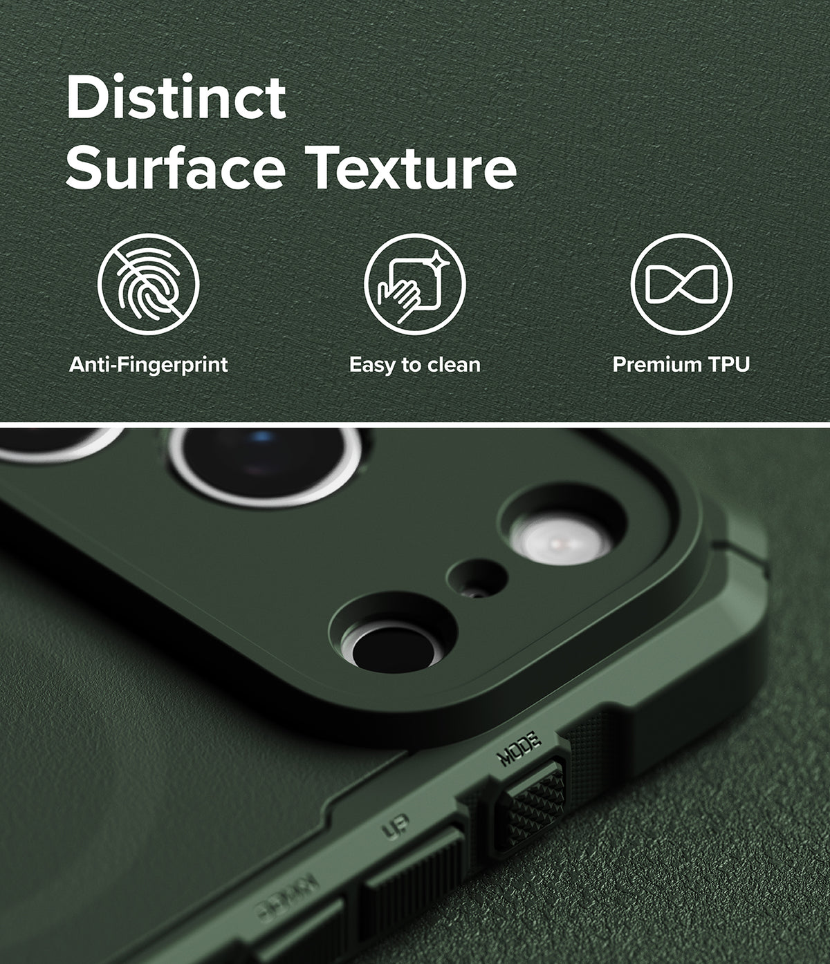 iPhone 18 Pro Case | Rugged Gear Magnetic - Dark green rugged phone case with a raised camera bezel, shown close-up on a matching textured background. The top portion includes marketing text reading 'Distinct Surface Texture' with icons for anti-fingerprint, easy to clean, and premium TPU.