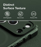 iPhone 18 Pro Case | Rugged Gear Magnetic - Dark green rugged phone case with a raised camera bezel, shown close-up on a matching textured background. The top portion includes marketing text reading 'Distinct Surface Texture' with icons for anti-fingerprint, easy to clean, and premium TPU.