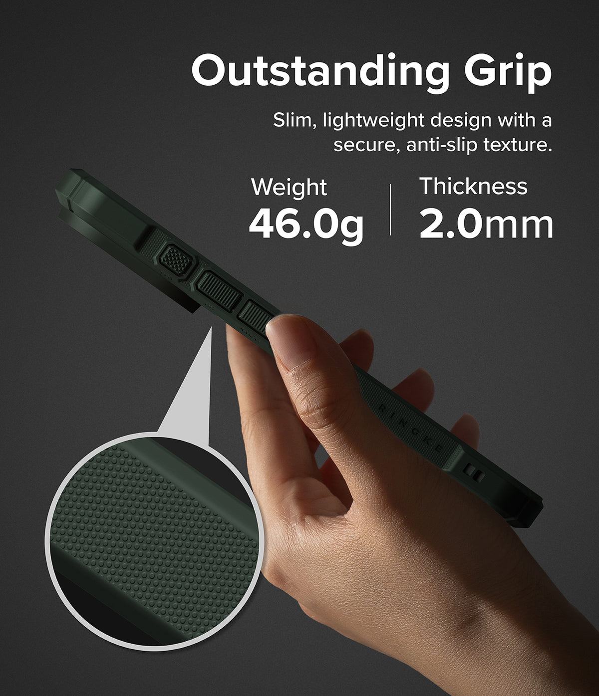 iPhone 18 Pro Case | Rugged Gear Magnetic - A hand holds a slim black protective phone case against a dark gray background, with marketing text reading 'Outstanding Grip' and a circular inset showing the textured grip detail. The text also lists weight as 52.